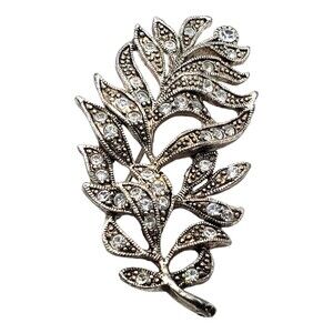 Vintage Silver Tone Rhinestone Leaf Brooch Pin